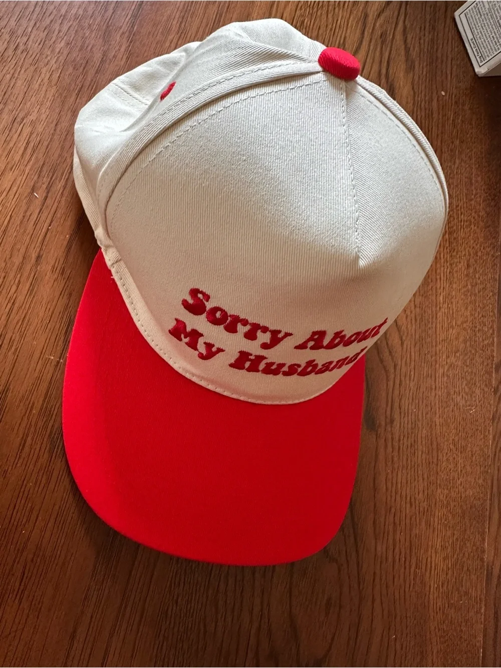Sorry About My Husband Embroidered Baseball Cap - Cream & Red
